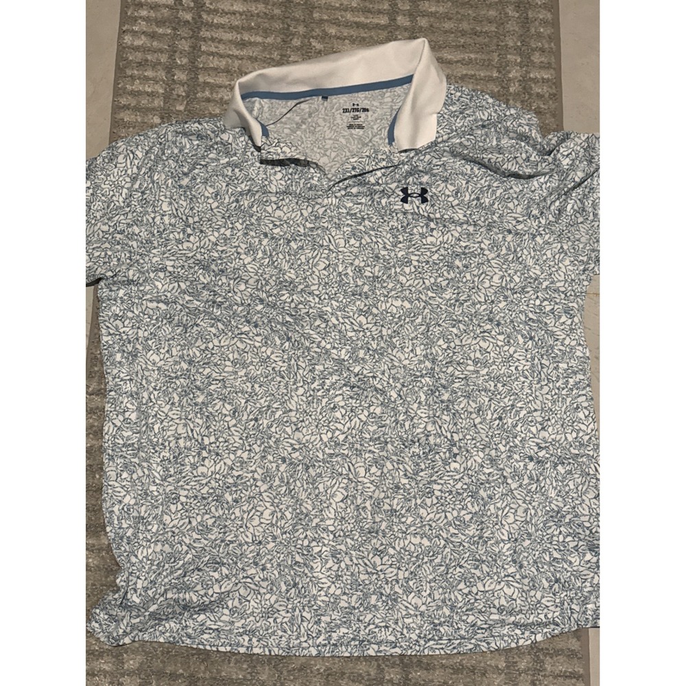 Under Armour Mens 2XL Floral Print Golf Polo Shirt Blue White HeatGear 1377377